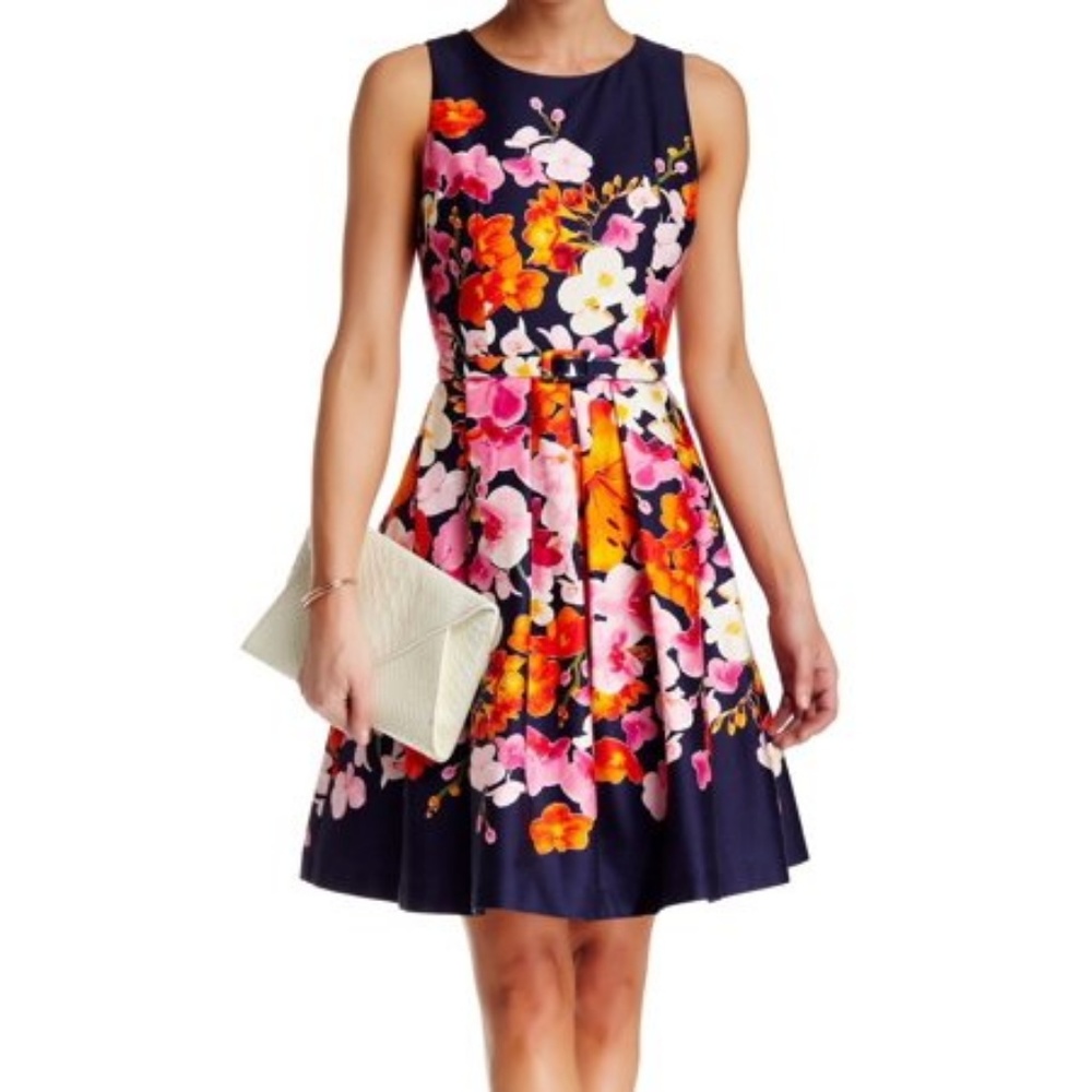 Eliza J Navy Belted Floral Pleat Dress Size 6